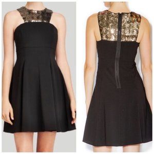 Shoshanna Hayden Black and Gold Sequin Collar Fit and Flare Dress